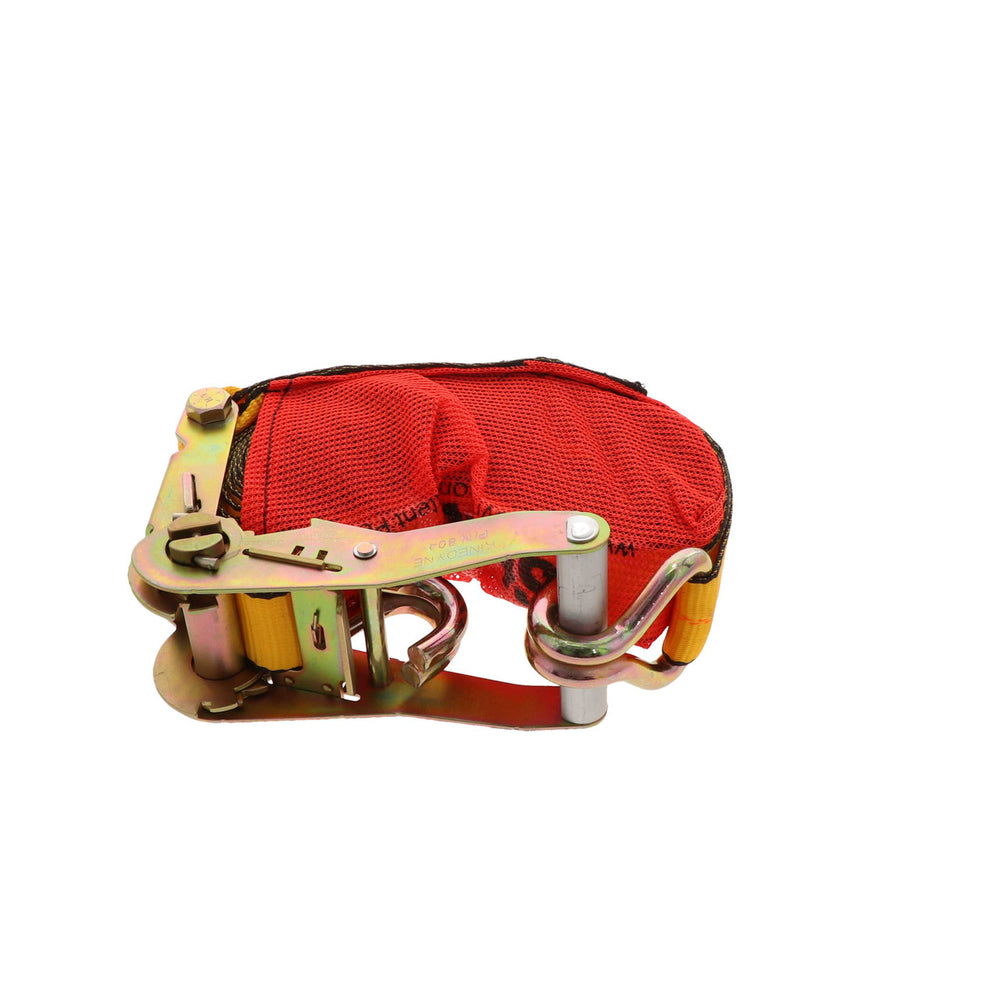 Kinedyne 2" by 27' Wire Hook Ratchet Strap w/ StrapPak from Kinedyne showing strap, ratchet, hook and StrapPak