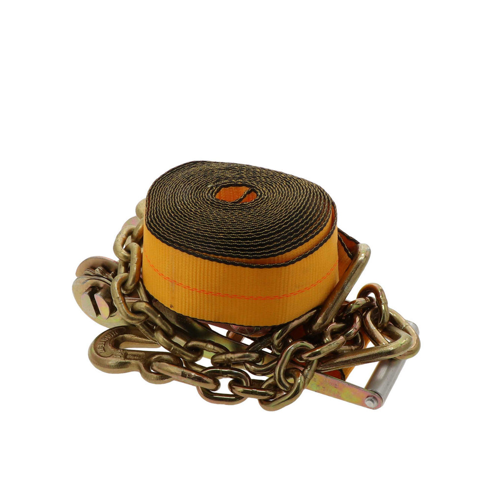 Kinedyne 3" by 27' Chain Anchor Ratchet Strap by Kinedyne, heavy-duty 3-inch strap with chain anchor fittings and long-handle ratchet