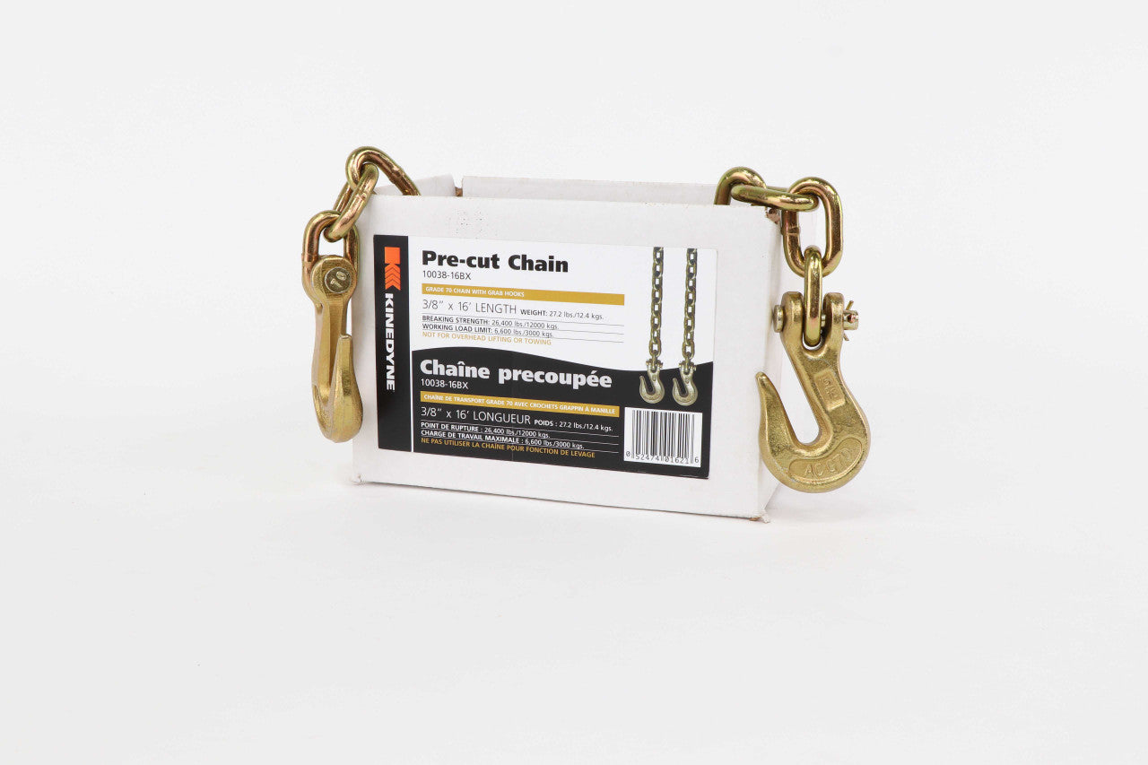 Kinedyne 3/8" by 16' Grade 70 Grab Hook Chain Assembly by Kinedyne, heavy-duty tie-down chain for transport and load securement