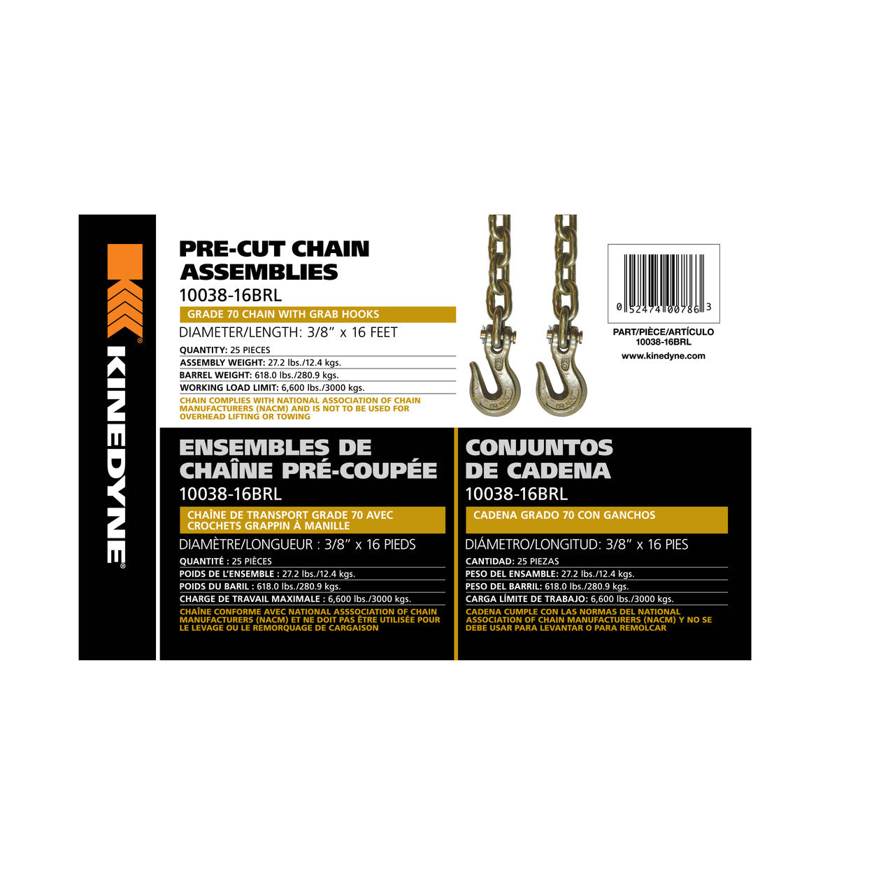 Kinedyne 3/8" by 16' Grade 70 Grab Hook Chain Assembly - Kinedyne bulk barrel of chains for cargo securement