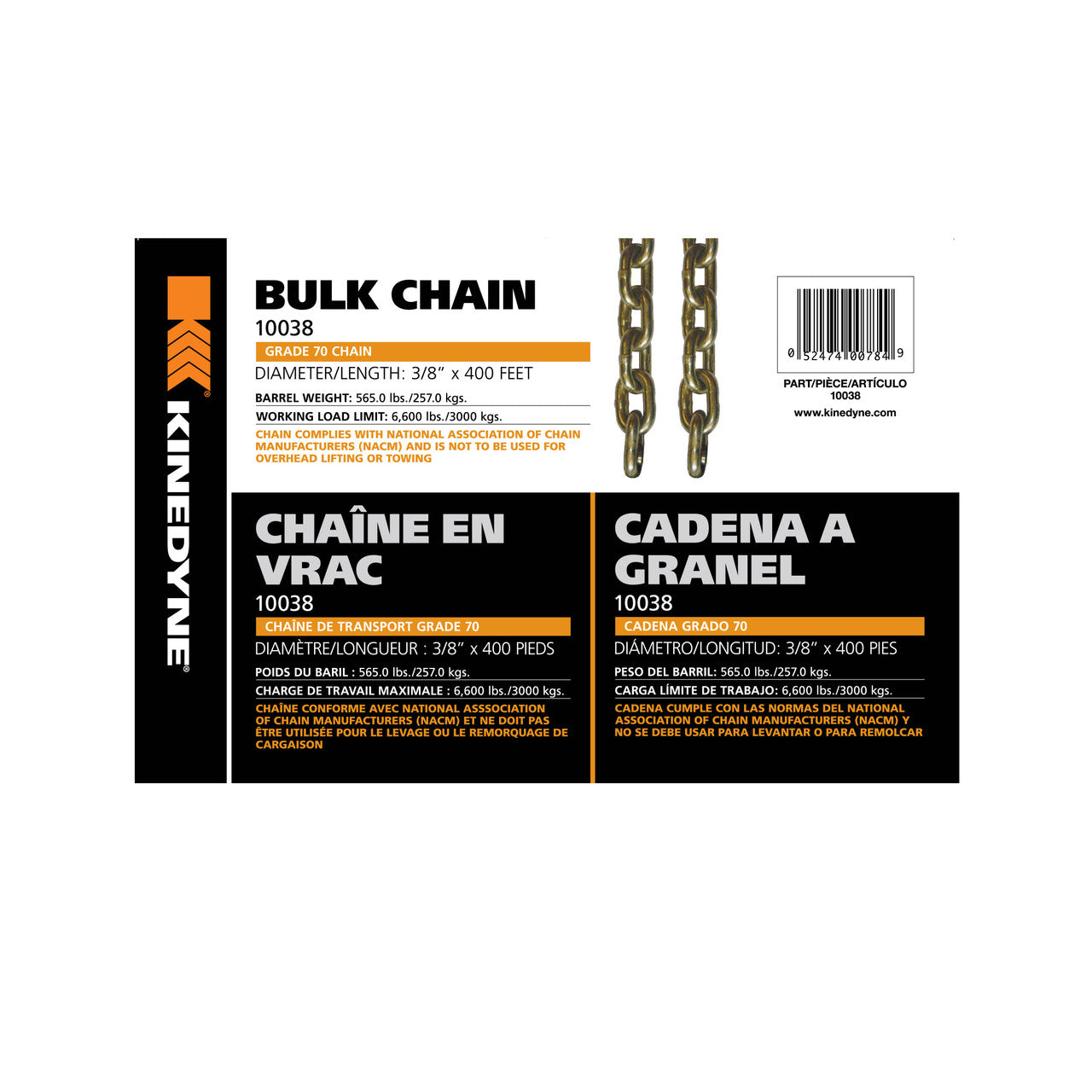 Kinedyne 3/8" by 400' Grade 70 Bulk Chain - 1 Per Barrel heavy-duty zinc-plated chain by Kinedyne for industrial tie-downs