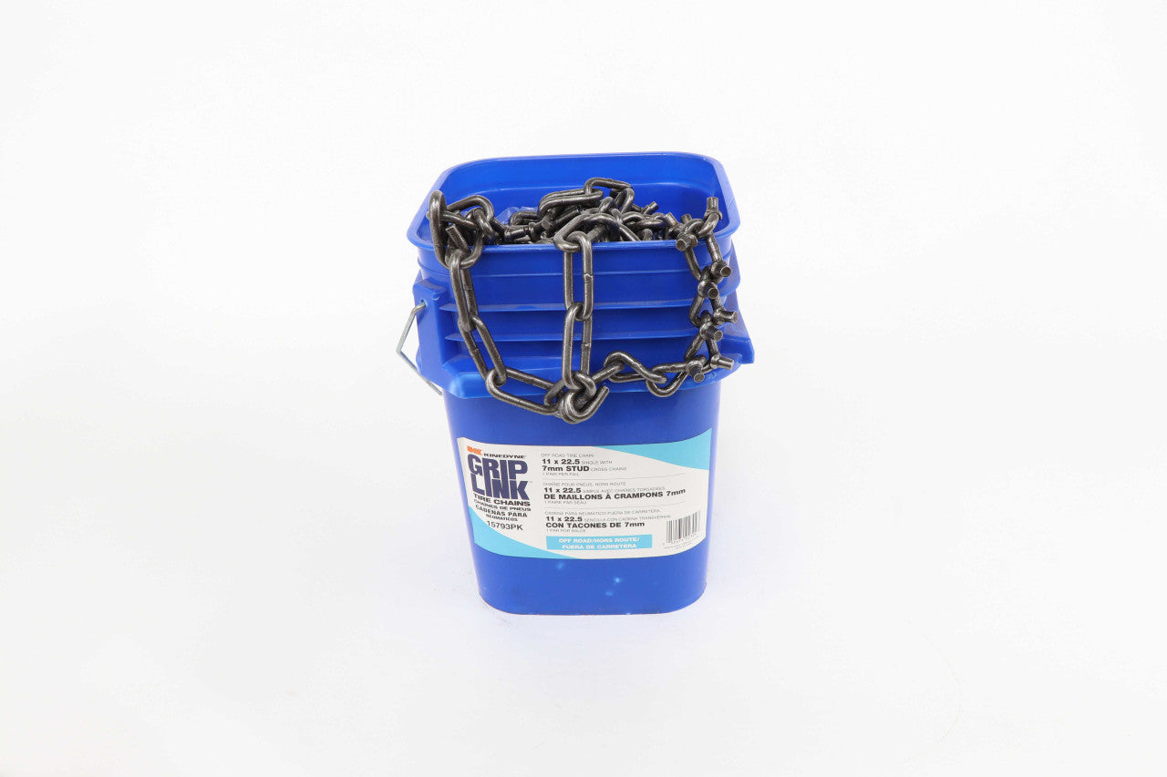 Kinedyne Grip Link Off-Road 7mm 11 x 22.5 Single Stud Cross Tire Chains for industrial truck tires, showing studded cross chain pattern