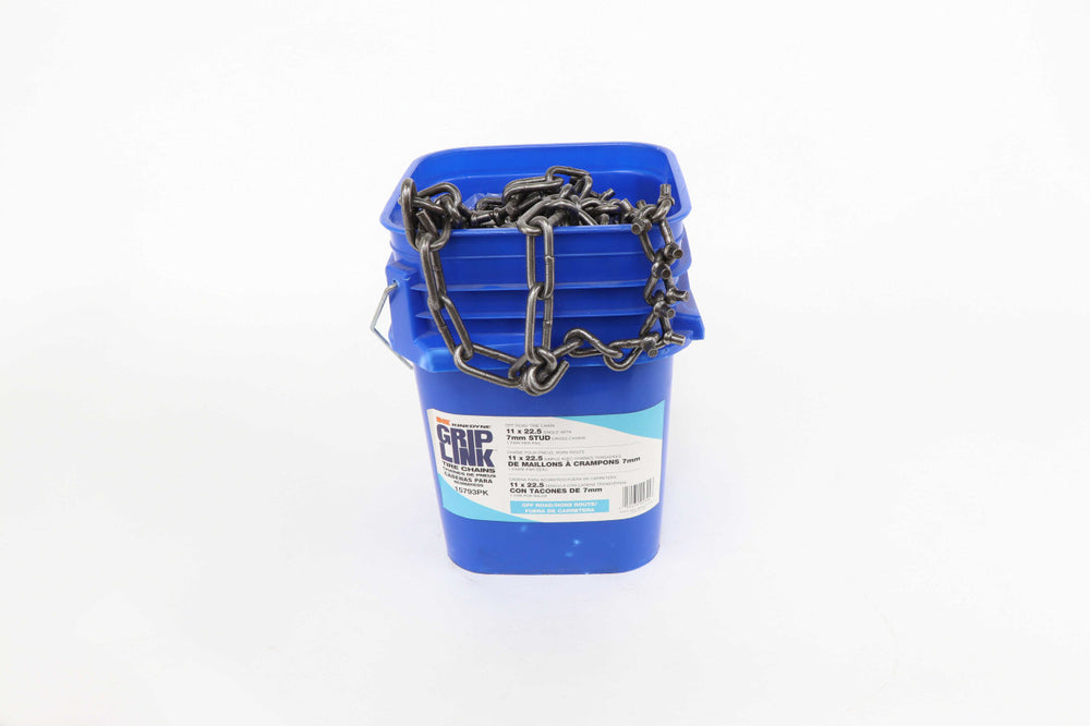 Kinedyne Grip Link Off-Road 7mm 11 x 22.5 Single Stud Cross Tire Chains for industrial truck tires, showing studded cross chain pattern