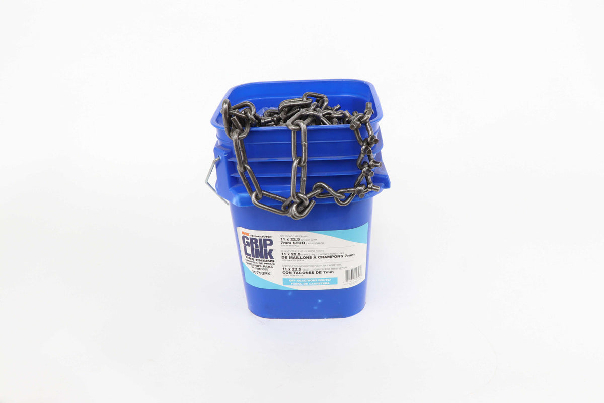 Kinedyne Grip Link Off-Road 7mm 11 x 22.5 Single Stud Cross Tire Chains for industrial truck tires, showing studded cross chain pattern