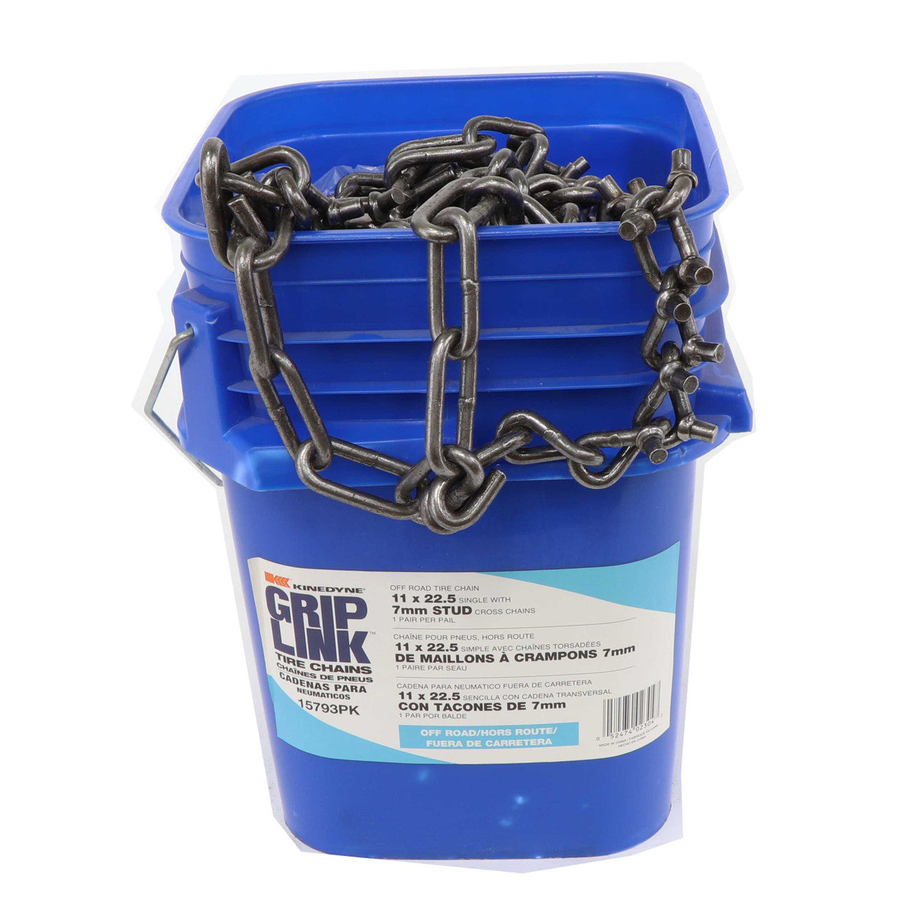 Kinedyne Grip Link Off-Road 7mm 11 x 22.5 Single Stud Cross Tire Chains for industrial truck tires, showing studded cross chain pattern