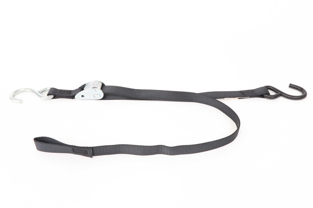 Kinedyne Pair of 1" by 5' S Hook Cam Buckle Straps showing 1-inch polyester webbing, cam buckles and vinyl-coated S hooks by Kinedyne