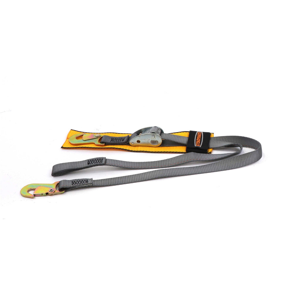 Kinedyne Pair of 1" by 54" Snap Hook Cam Buckle Marine Transom Strap showing webbing, cam buckle and snap hook