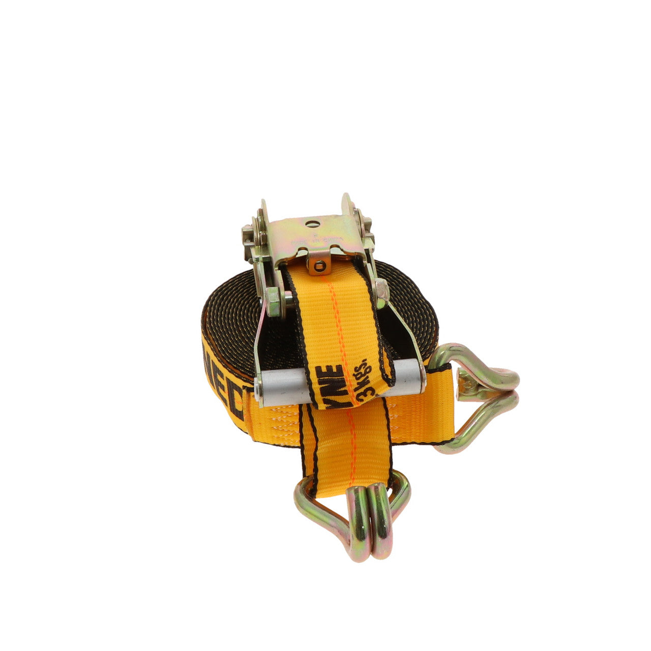 Kinedyne 2" by 27' Wire Hook Ratchet Strap by Kinedyne showing ratchet, webbing and StrapPak storage bag