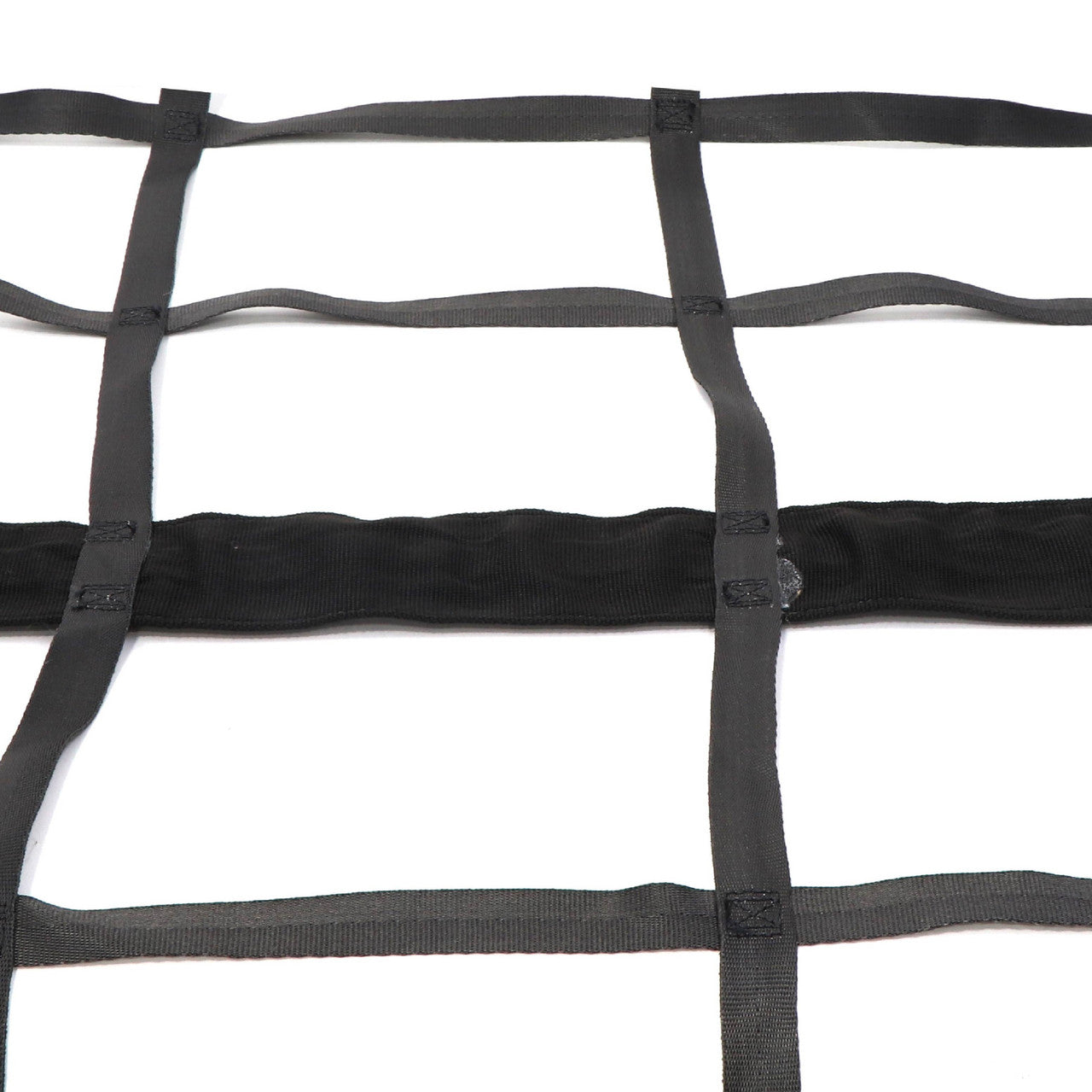 Kinedyne Adjustable 6-Point Cargo Pick-Up Truck Net by Kinedyne showing black 1010P webbing, cam buckles and wire hooks