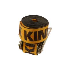 Kinedyne 4" by 30' Wire Hook Ratchet Strap from Kinedyne showing 4-inch webbing, long-handle ratchet and narrow wire hooks