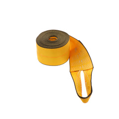 Kinedyne 4 inch by 30 foot Sewn Loop Winch Strap showing gold with black edge polyester webbing and sewn loop end fitting