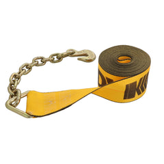 Kinedyne 4" by 27' Chain Anchor Winch Strap showing polyester webbing and Kinedyne chain anchor for industrial cargo control