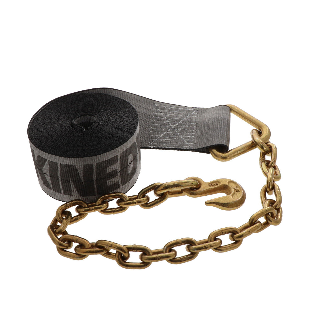 Kinedyne 4" by 30' Rhino MAX Chain Anchor Winch Strap showing Rhino MAX webbing and chain anchor for heavy cargo securement