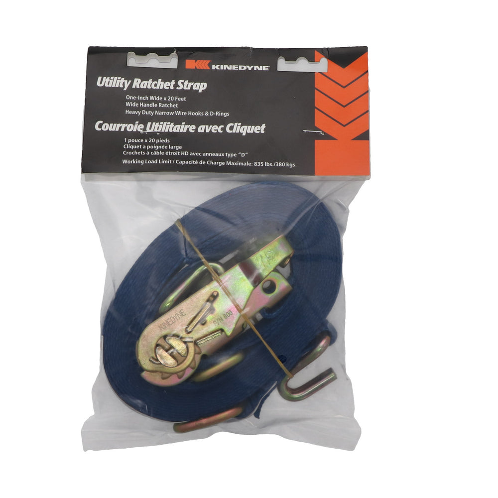 Kinedyne 1" by 20' Heavy-Duty Wire Hook & D-Ring Ratchet Utility Strap by Kinedyne, industrial tie-down strap