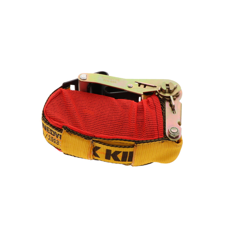 Kinedyne 2" by 30' Flat Hook Ratchet Strap w/ StrapPak product image showing strap, ratchet and mesh StrapPak by Kinedyne