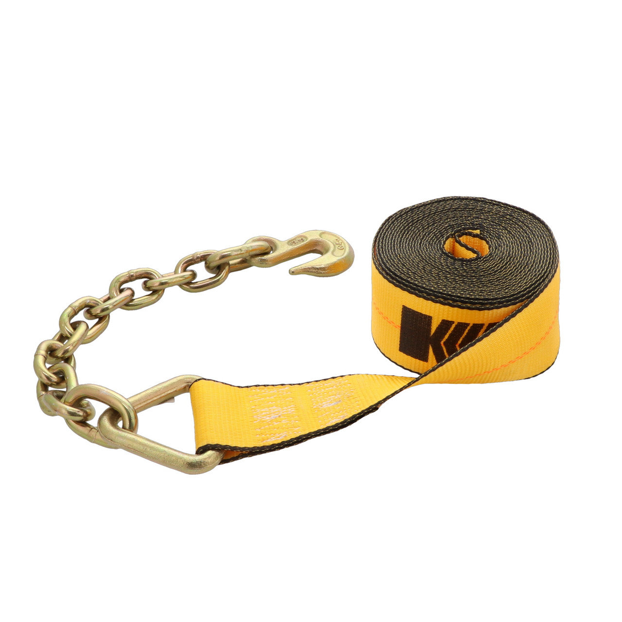 Kinedyne 3" by 27' Chain Anchor Winch Strap from Kinedyne showing 3-inch polyester webbing and 18-inch chain anchor