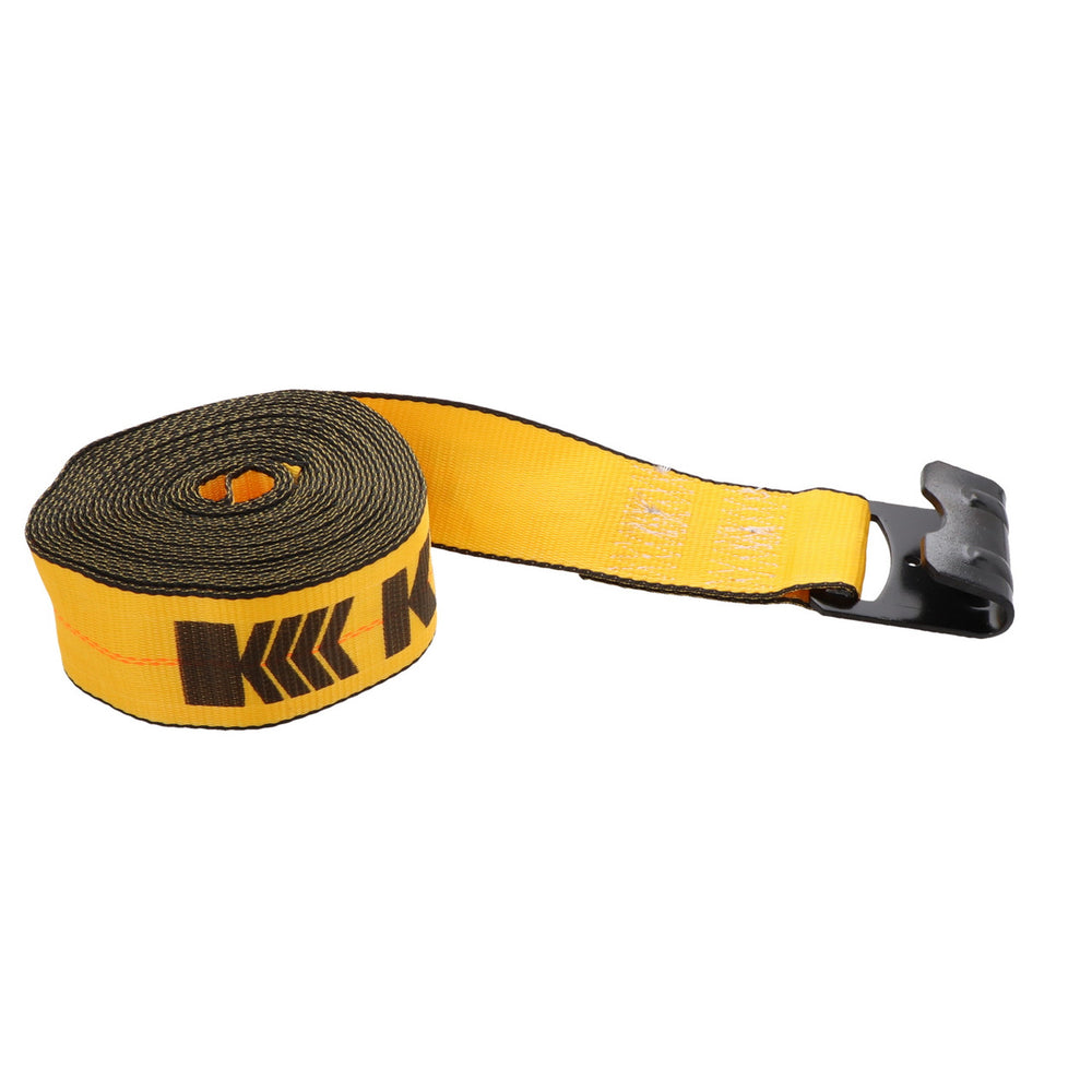 Kinedyne 3" by 27' Flat Hook Winch Strap by Kinedyne showing polyester webbing and 1021 flat hook with abrasion clip