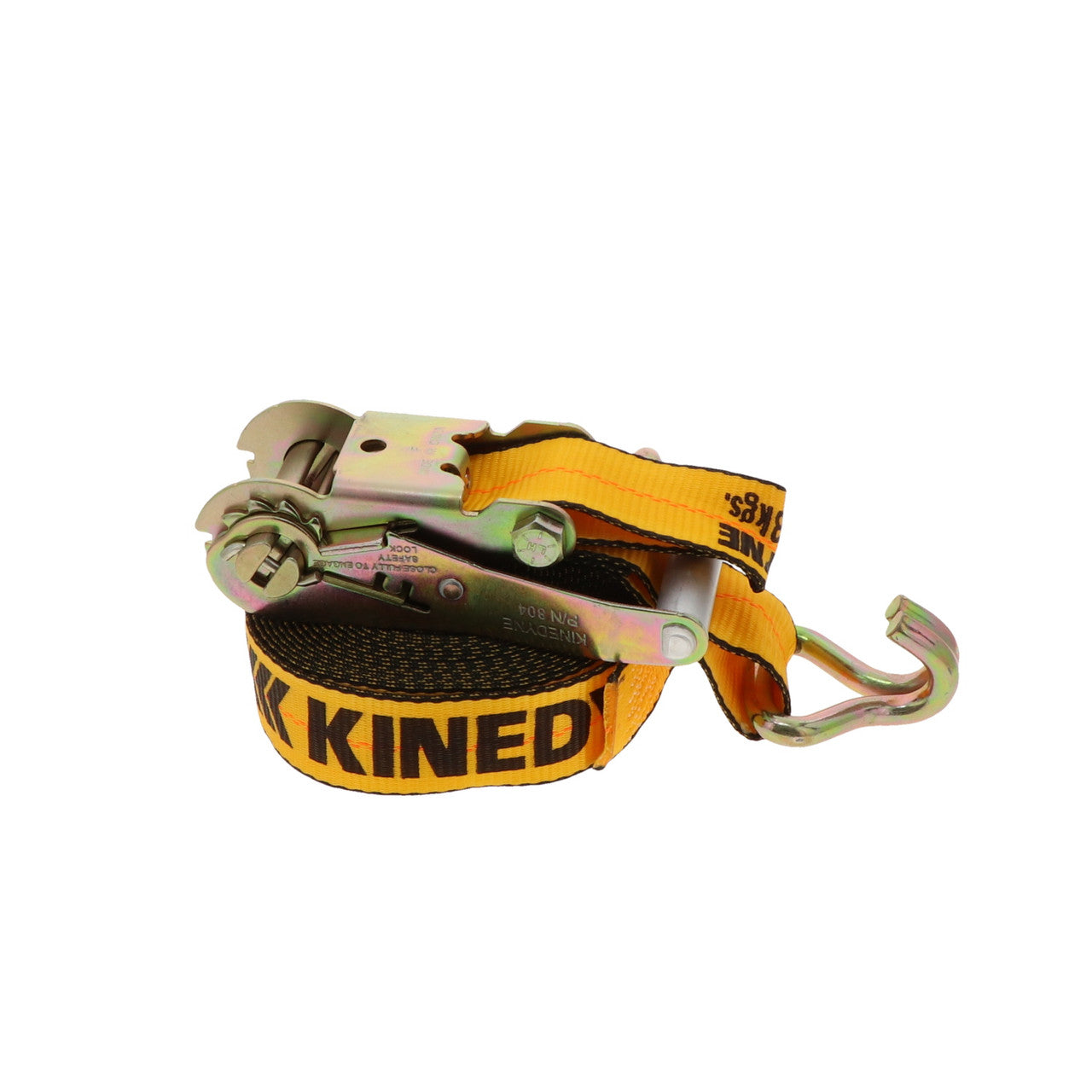 Kinedyne 2" by 27' Wire Hook Ratchet Strap by Kinedyne showing ratchet, webbing and StrapPak storage bag