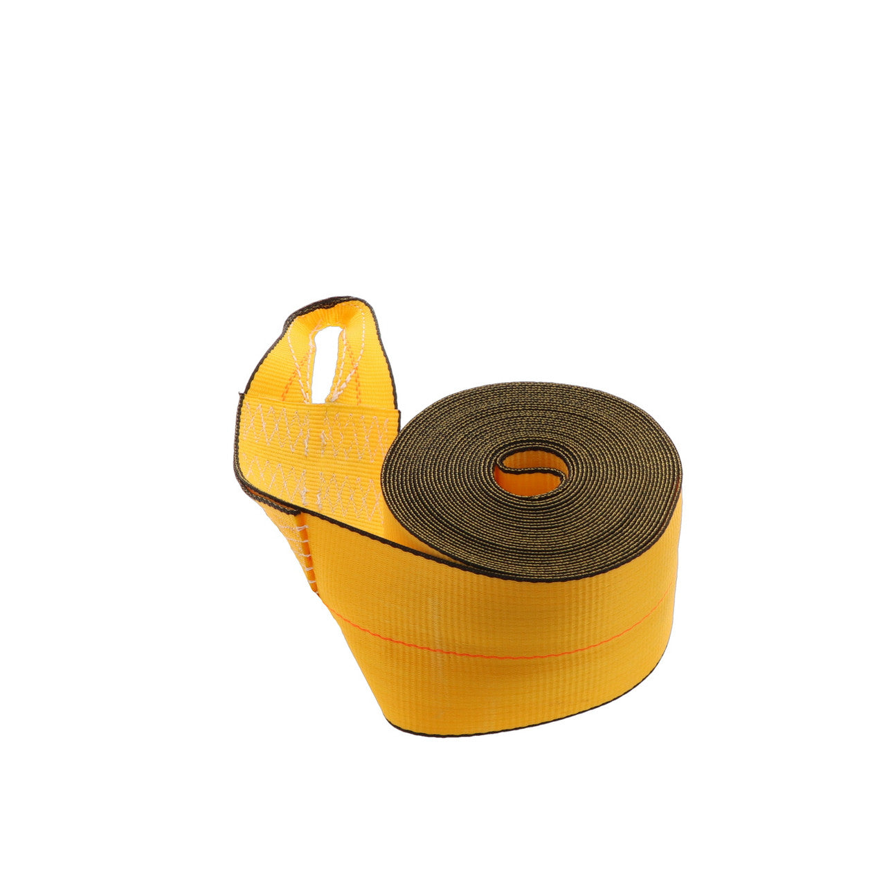 Kinedyne 4 inch by 30 foot Sewn Loop Winch Strap showing gold with black edge polyester webbing and sewn loop end fitting