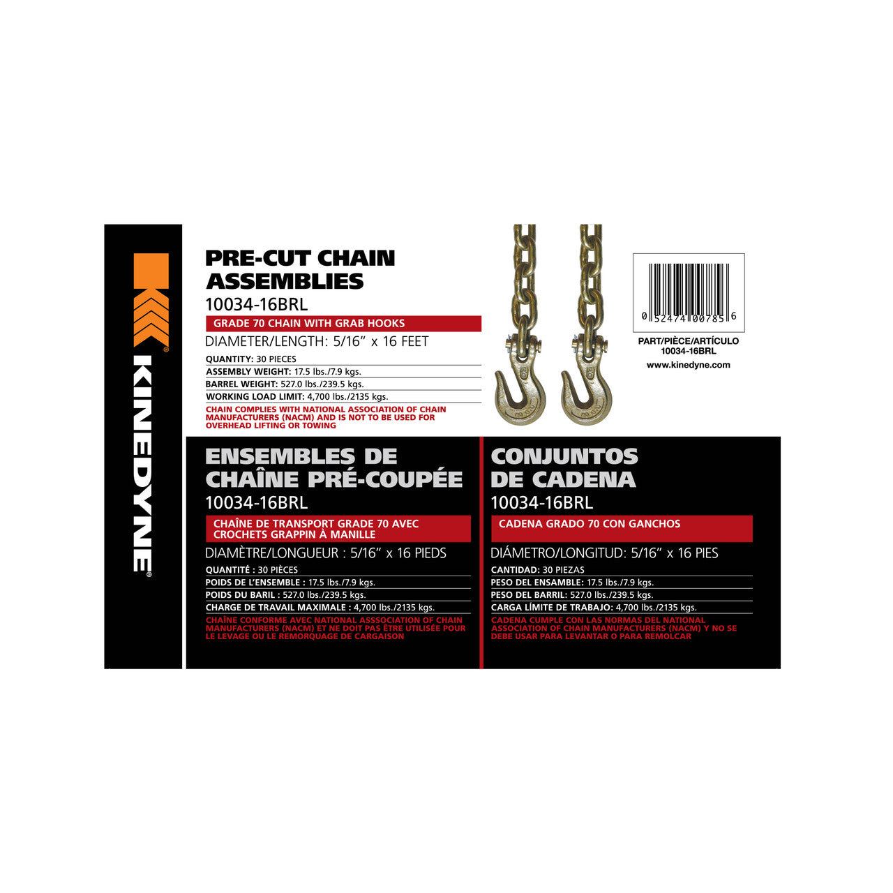 Kinedyne 5/16" x 16' Grade 70 Grab Hook Chain Assembly 30 per Barrel by Kinedyne for cargo securement