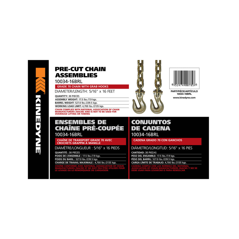 Kinedyne 5/16" x 16' Grade 70 Grab Hook Chain Assembly 30 per Barrel by Kinedyne for cargo securement