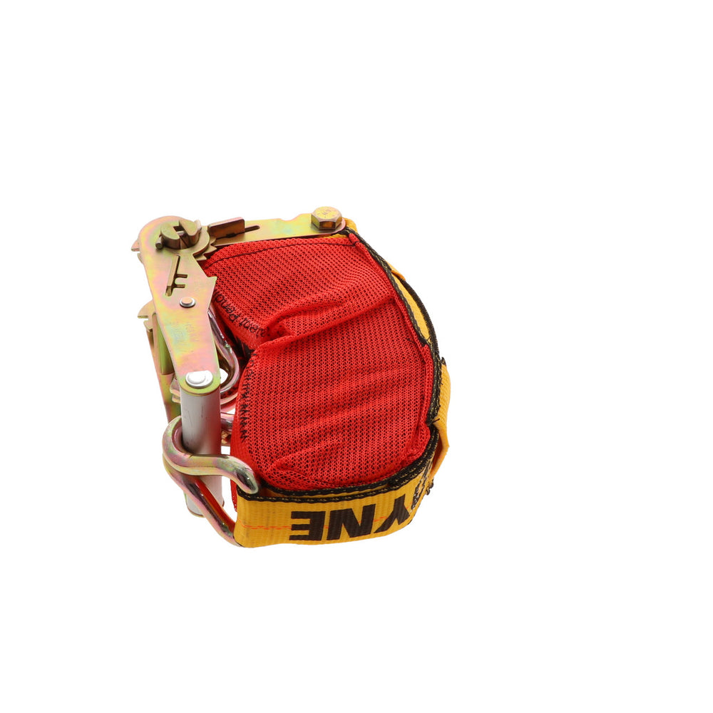 Kinedyne 2" by 30' Wire Hook Ratchet Strap w/ StrapPakâ€š product showing ratchet, hook, webbing, and StrapPak by Kinedyne