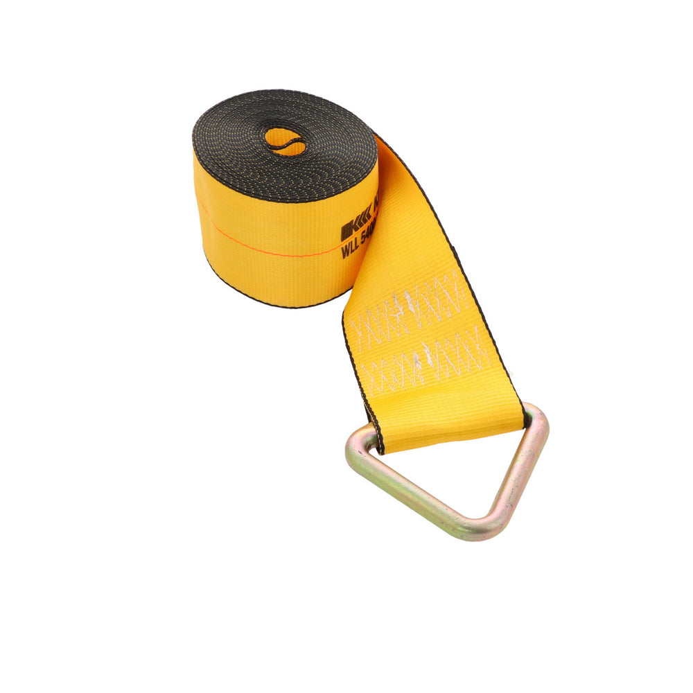 Kinedyne 4" by 27' Delta Ring Winch Strap showing 4-inch polyester webbing and Kinedyne 1026 Delta Ring end fitting by Kinedyne