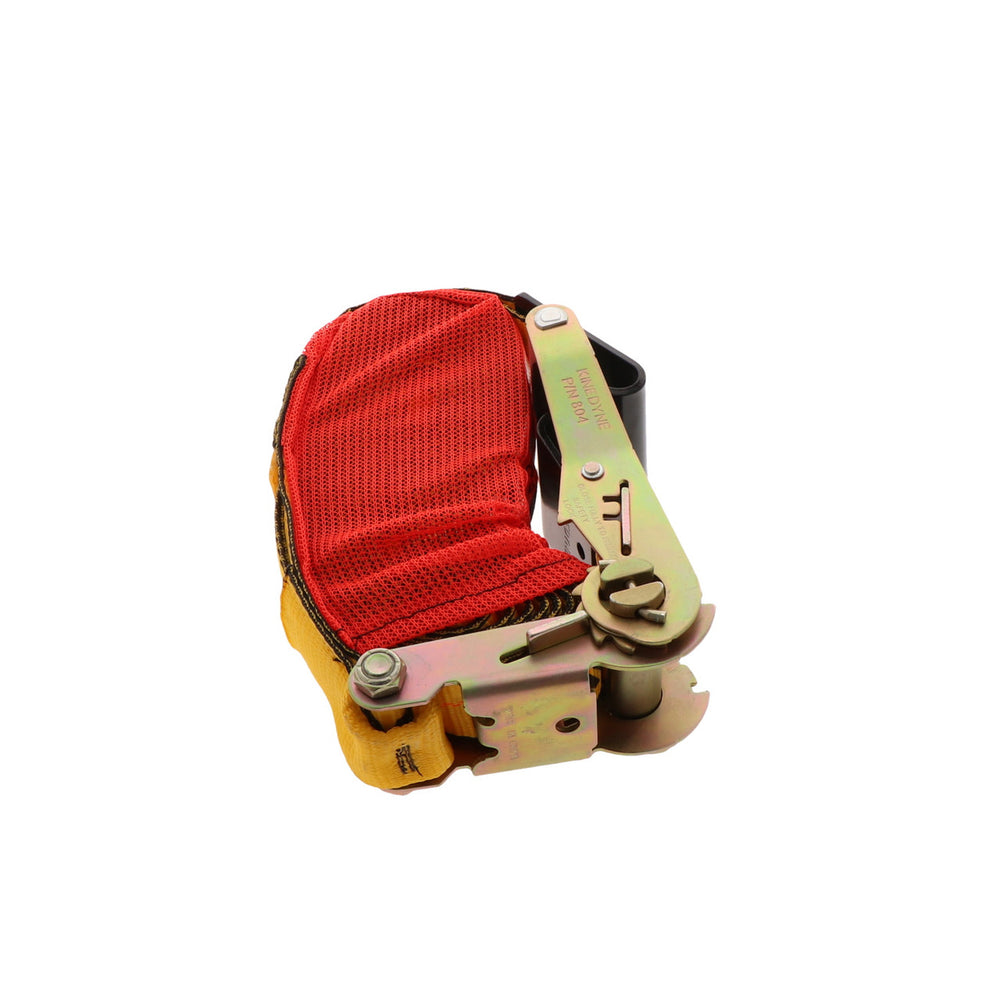 Kinedyne 2" by 30' Flat Hook Ratchet Strap w/ StrapPak product image showing strap, ratchet and mesh StrapPak by Kinedyne