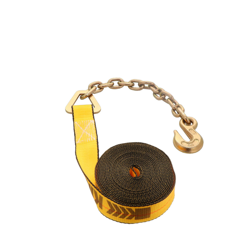 Kinedyne 2" by 30' Chain Anchor Winch Strap showing webbing and Kinedyne 3705-2 chain anchor fittings