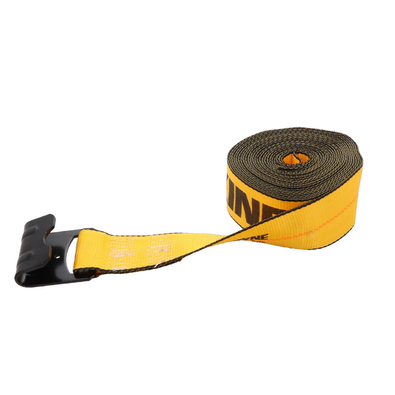 Kinedyne 3" by 27' Flat Hook Winch Strap by Kinedyne showing polyester webbing and 1021 flat hook with abrasion clip