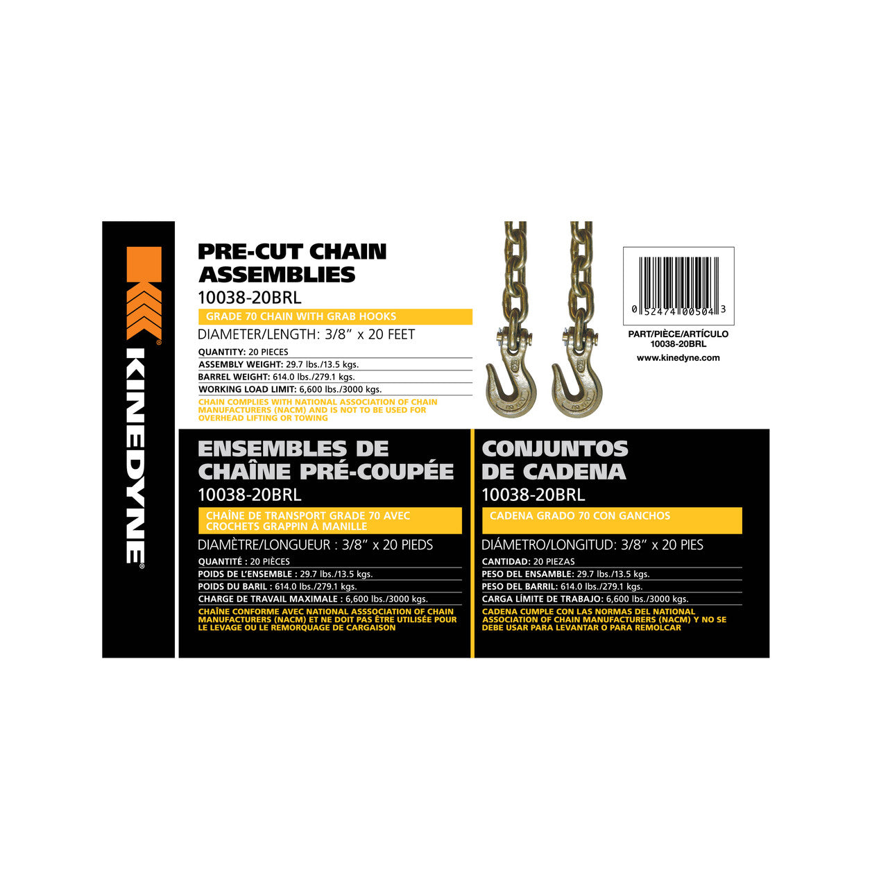 Kinedyne 3/8" by 20' Grade 70 Grab Hook Chain Assembly product image showing chain and clevis grab hooks from Kinedyne