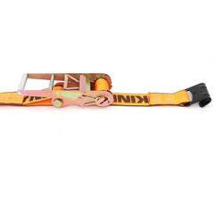 Kinedyne 3" by 30' Flat Hook Ratchet Strap showing Kinedyne long-handle ratchet, flat hooks, and polyester webbing for cargo securement