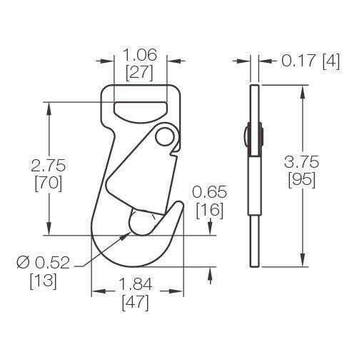Kinedyne 1" Snap Hook zinc-plated flat snap hook for 1-inch webbing, industrial cargo securement