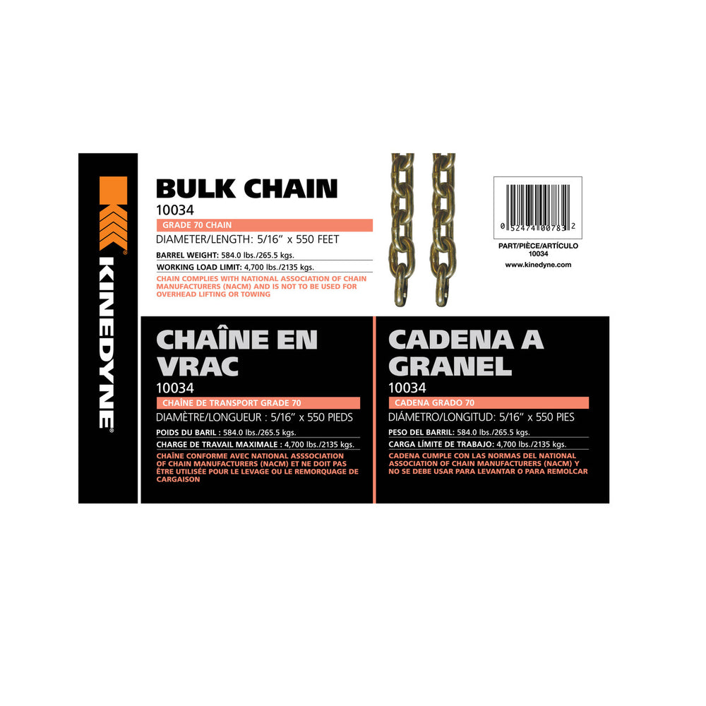 Kinedyne 5/16" by 550' Grade 70 Bulk Chain - 1 Per Barrel, industrial heat-treated carbon steel chain by Kinedyne
