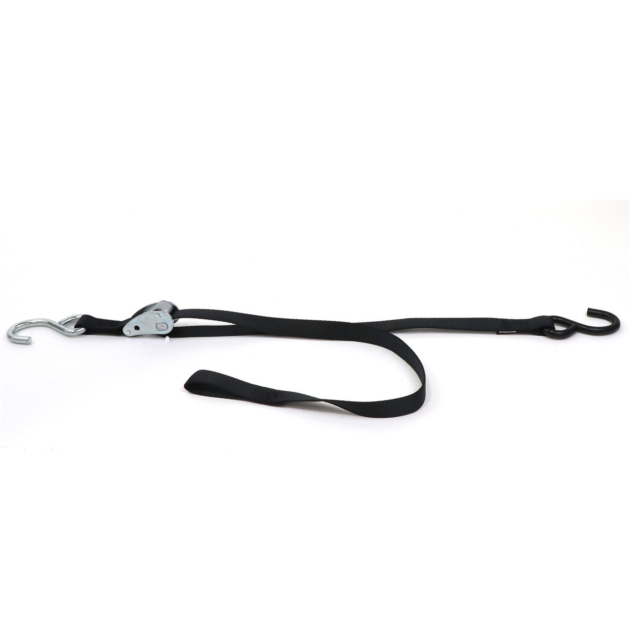 Kinedyne Pair of 1" by 5' S Hook Cam Buckle Straps showing 1-inch polyester webbing, cam buckles and vinyl-coated S hooks by Kinedyne