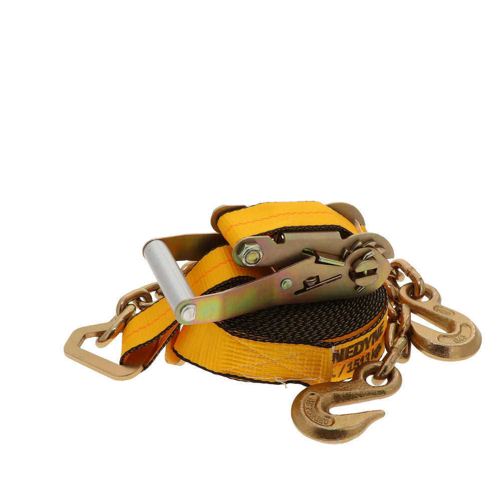 Kinedyne 2" by 27' Chain Anchor Ratchet Strap by Kinedyne showing ratchet, webbing, and chain anchor fittings