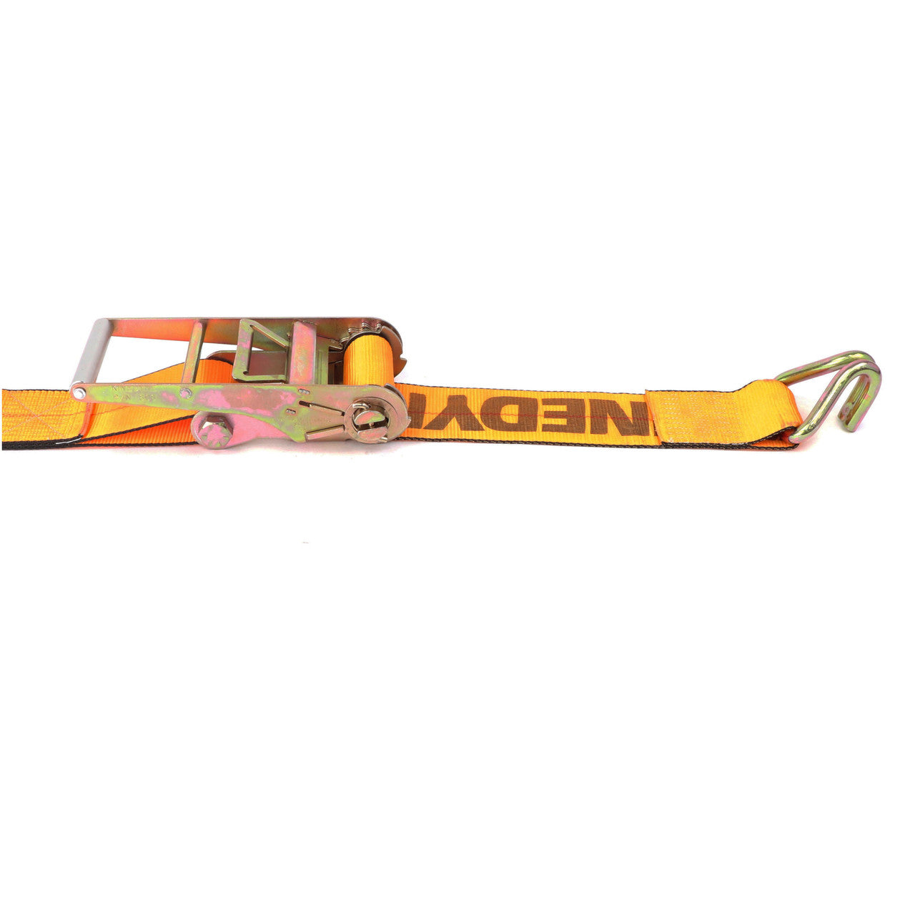 Kinedyne 4" by 30' Wire Hook Ratchet Strap from Kinedyne showing 4-inch webbing, long-handle ratchet and narrow wire hooks
